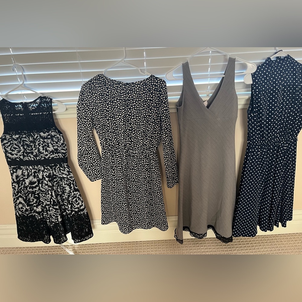 4 varying dresses: Sizing for each are on photo: 0P, 0, Small, and 4P (Polk dot)
